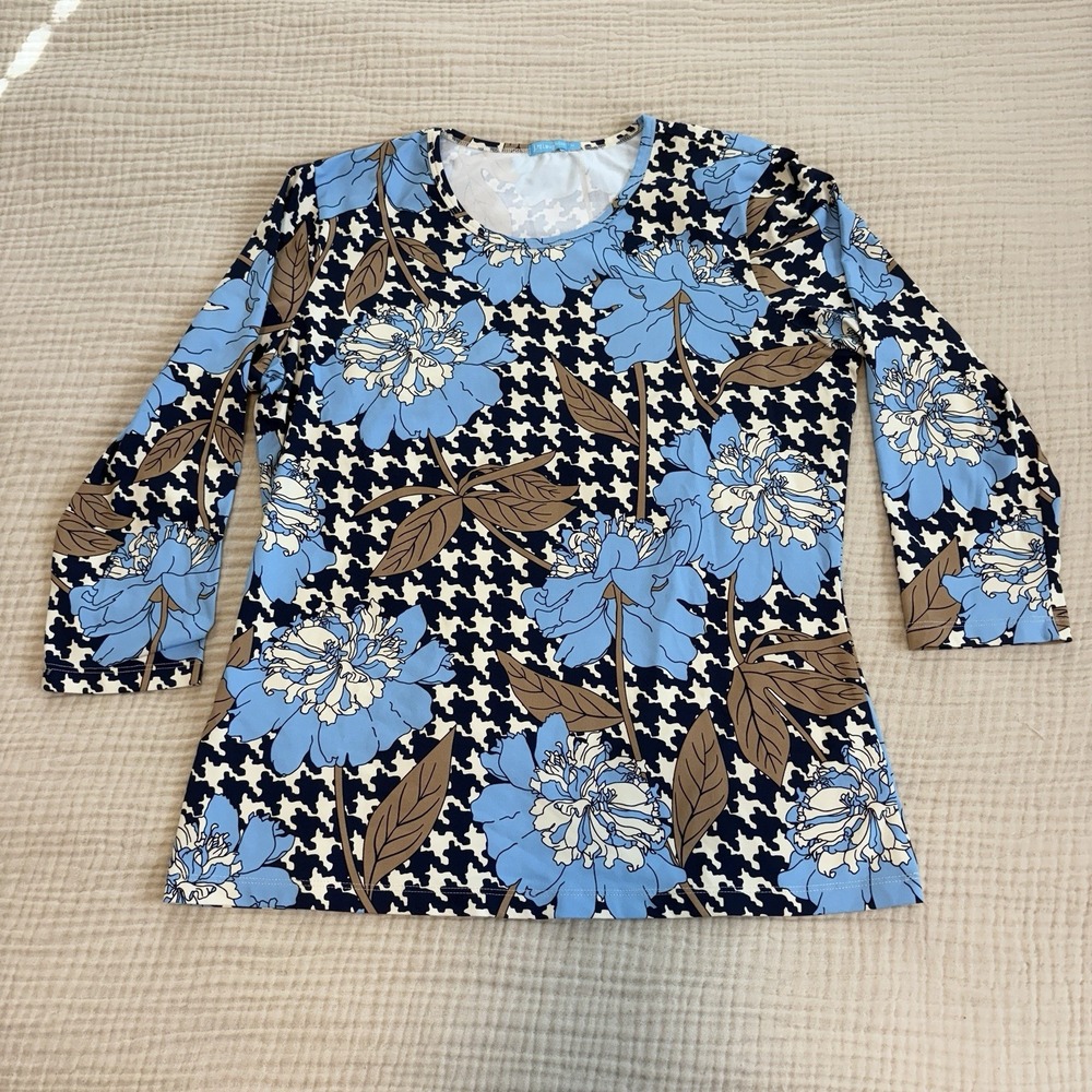 J. McLaughlin Top Medium Catalina Cloth Blue Houndstooth Preppy 3/4 Sleeve Beach